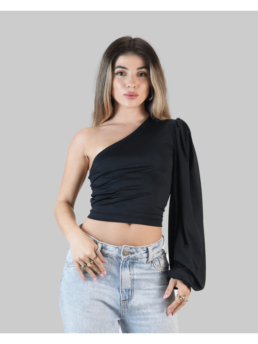 Blusa Cropped Feminina de Um Ombro com Manga Bufante Estilo Balão