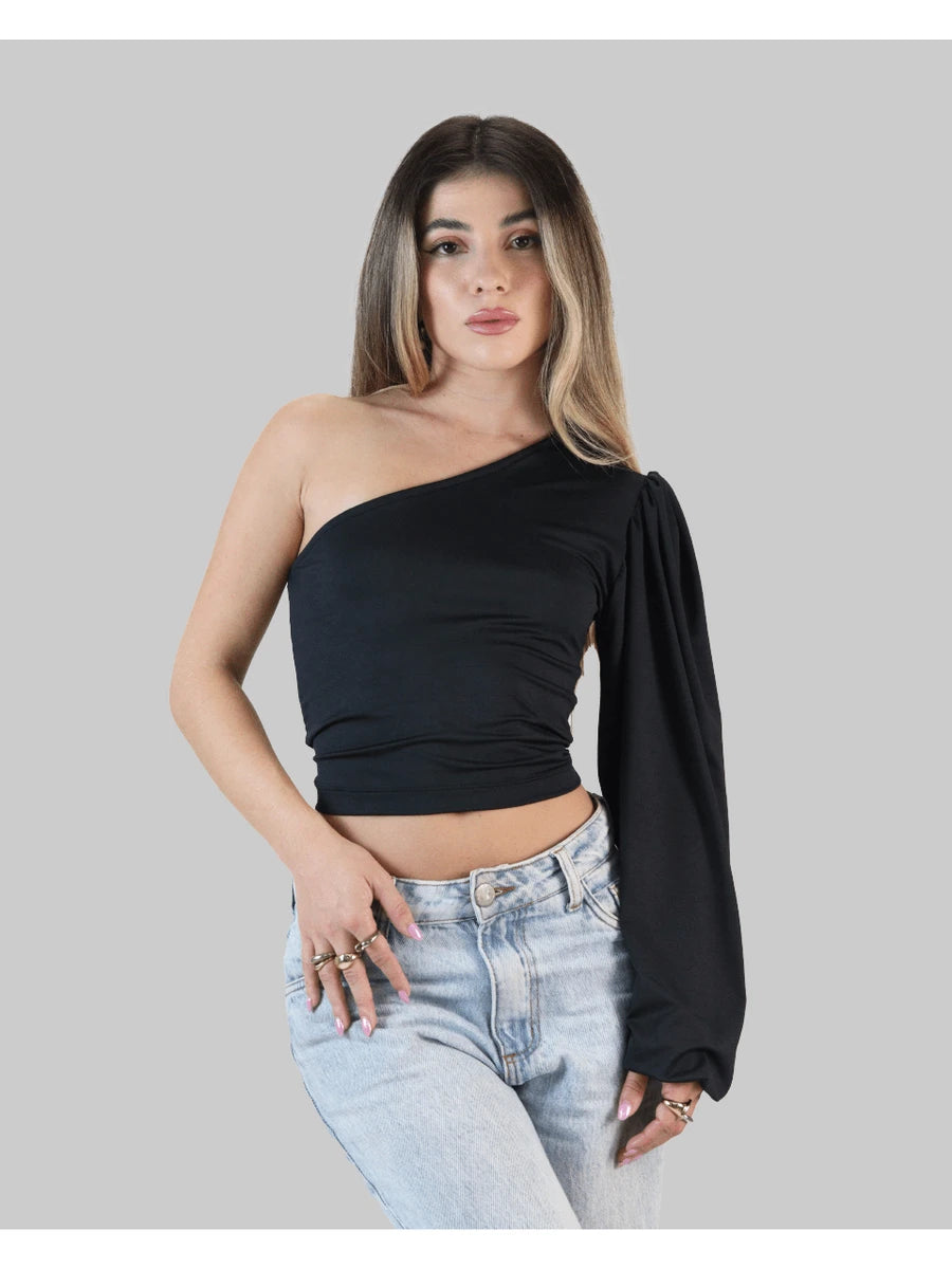 Blusa Cropped Feminina de Um Ombro com Manga Bufante Estilo Balão