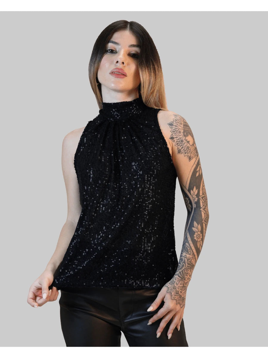 Blusa Bata Feminina Elegante Brilhante em Paetê com Gola Alta e Decote Franzido em Nó