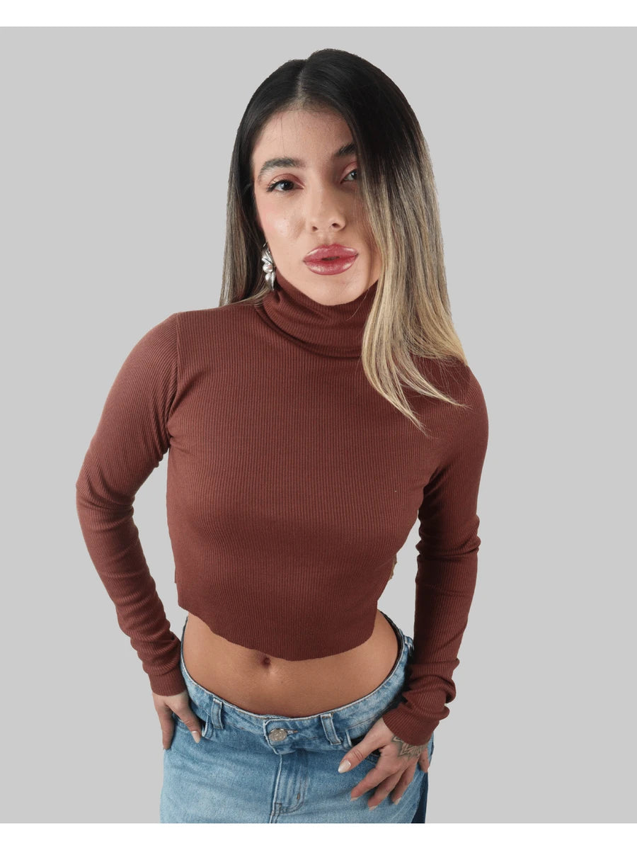 Cropped Manga Longa com Gola Alta Dobrada em Canelado Liso