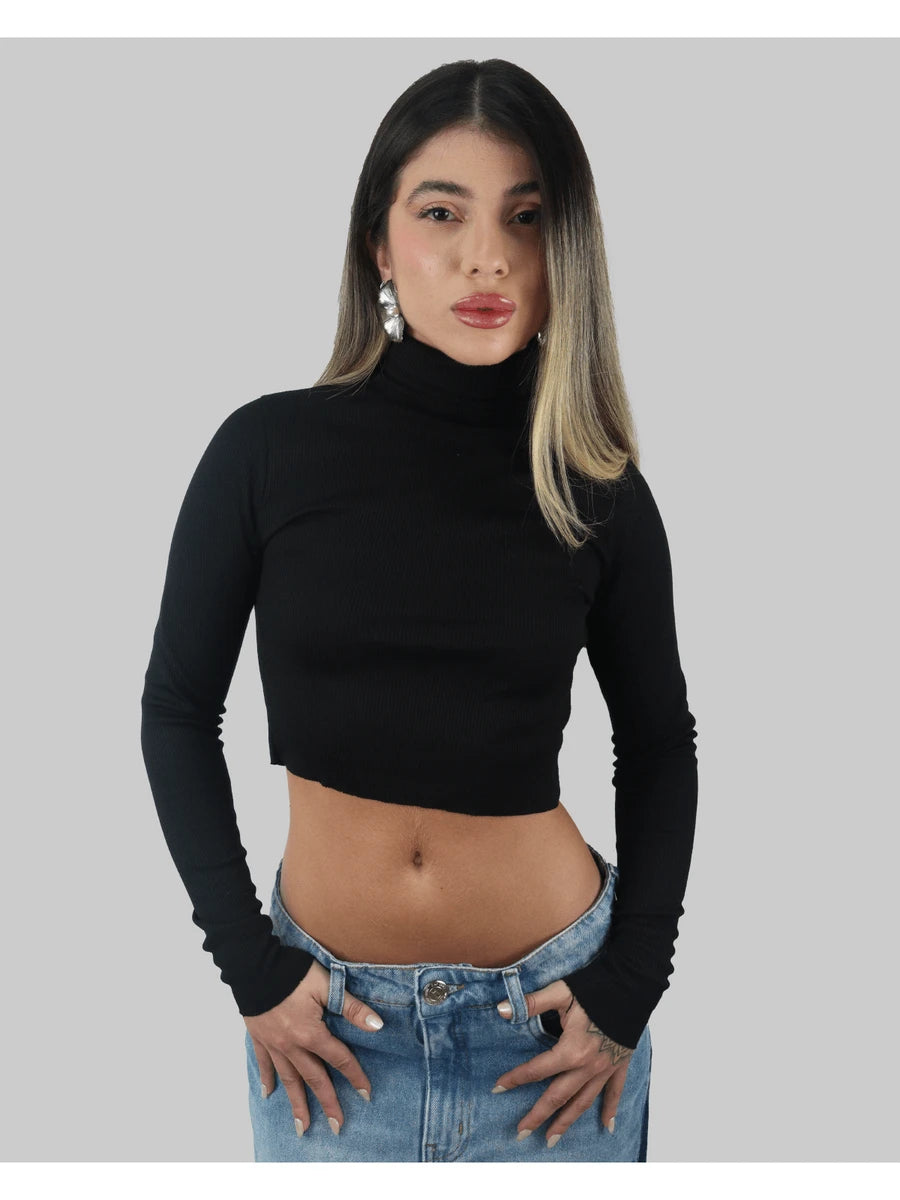 Cropped Manga Longa com Gola Alta Dobrada em Canelado Liso